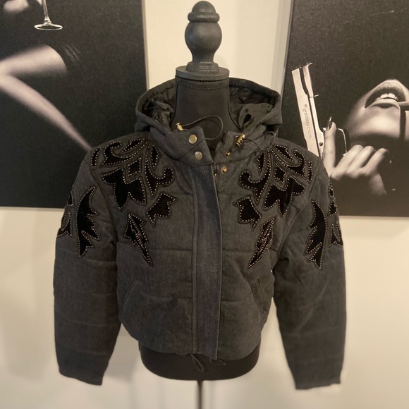 Free People Fleur De Lis Denim Puffer Jacket / Washed Black - Picture 1 of 11